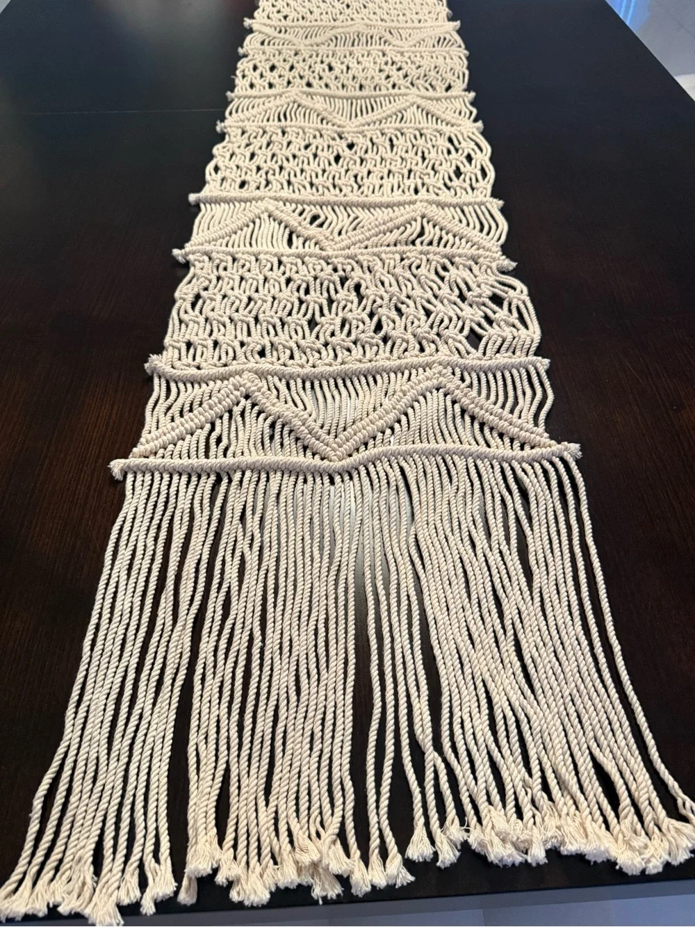 Handwoven Macramé Table Runner Boho Fringe Cotton Linen Natural Cream Rope Spain